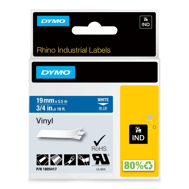 Labeltape Dymo Rhino industrieel vinyl 19mm wit op blauw