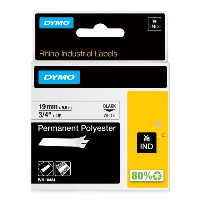 Labeltape Dymo Rhino industrieel polyester 19mm zwart op wit