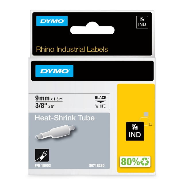 Ruban Dymo Rhino Industriel rétractable 9mmx1,5m noir sur blanc