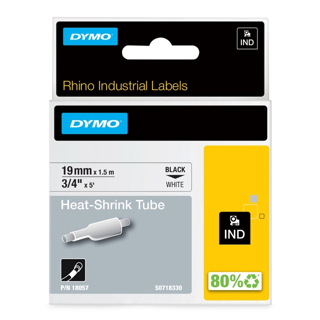 Labeltape Dymo Rhino industrieel krimpkous 19mm zwart op wit