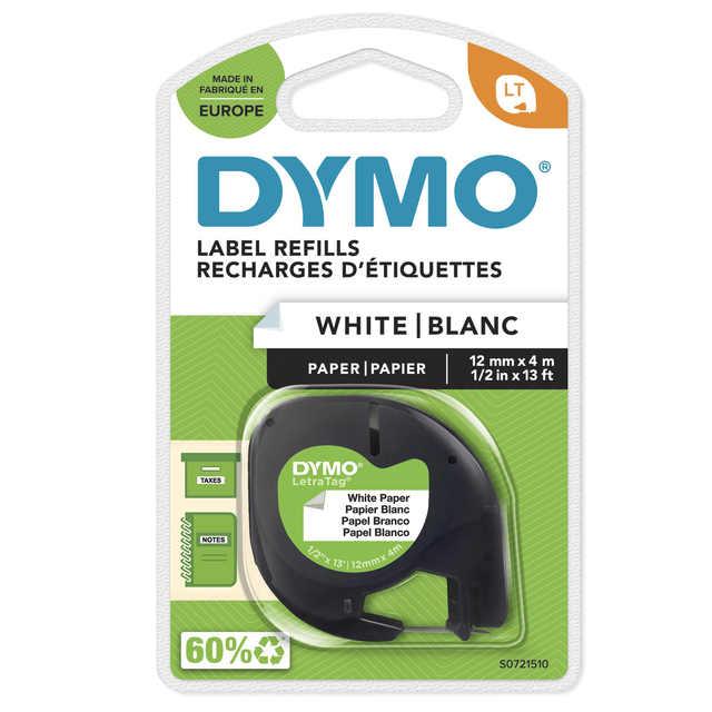 Ruban Dymo LetraTag papier 12mmx4m noir sur blanc