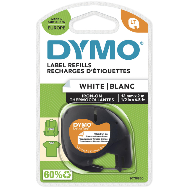 Ruban Dymo LetraTag repassable 12mmx2m noir sur blanc