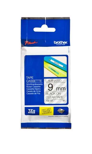 Labeltape Brother P-touch TZe-121 standaard 9mm zwart op transparant