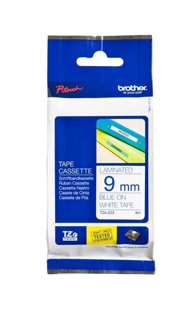 Ruban de lettrage Brother P-Touch TZe-223 standard 9mm bleu sur blanc