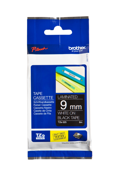 Ruban de lettrage Brother P-Touch TZe-325 standard 9mm blanc sur noir