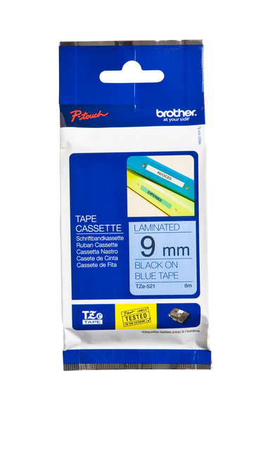 Ruban de lettrage Brother P-Touch TZe-521 standard 9mm noir sur bleu