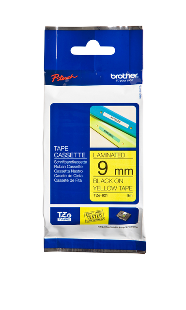 Ruban de lettrage Brother P-Touch TZe-621 standard 9mm noir sur jaune