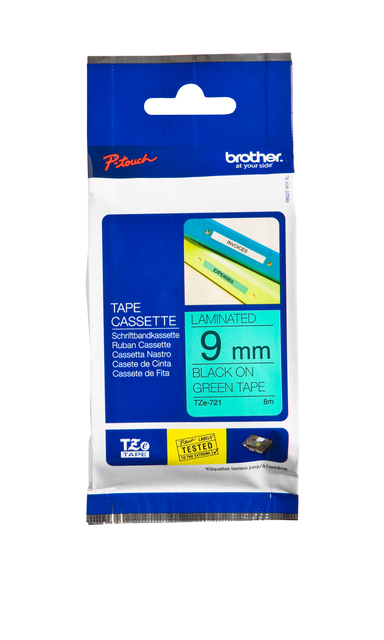 Labeltape Brother P-touch TZe-721 standaard 9mm zwart op groen