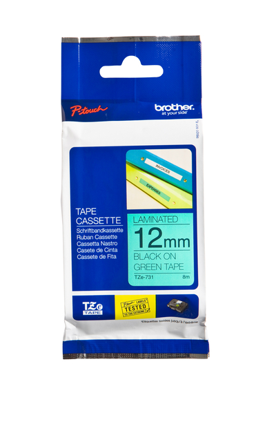 Labeltape Brother P-touch TZe-731 standaard 12mm zwart op groen