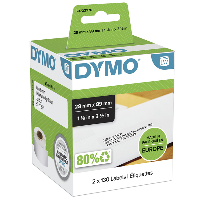 Etiquette adresse Dymo LabelWriter 28x89mm 2 rouleaux à 130pcs blanc