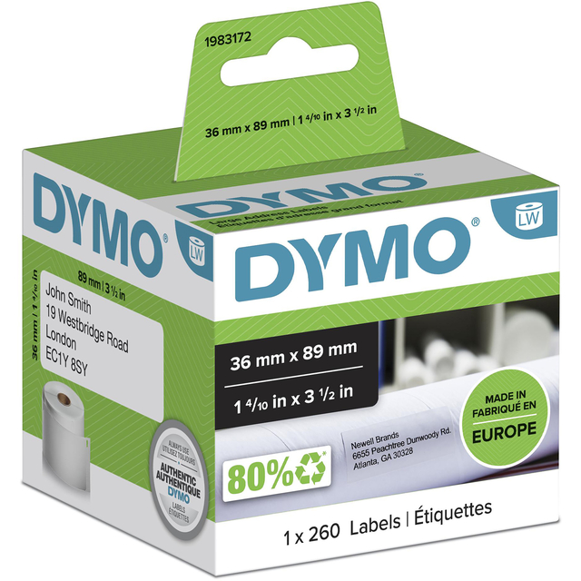 Etiquette adresse Dymo LabelWriter 36x89mm rouleau 260 pièces blanc
