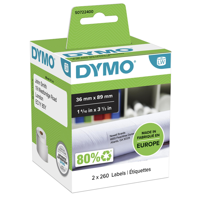 Etiquette adresse Dymo LabelWriter 36x89mm 2 rouleaux à 260 pcs blanc