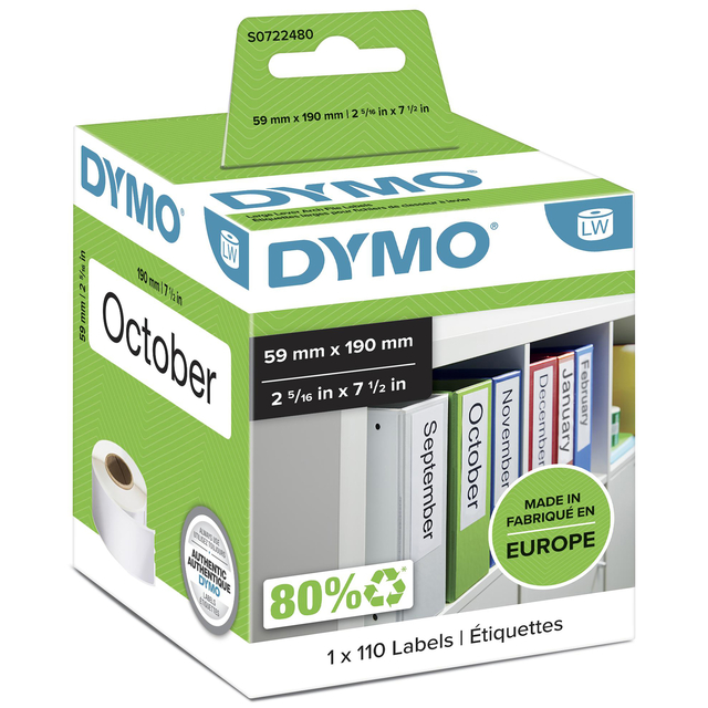 Etiquette Dymo LabelWriter carte classeur 59x190mm rouleau 110 pièces blanc