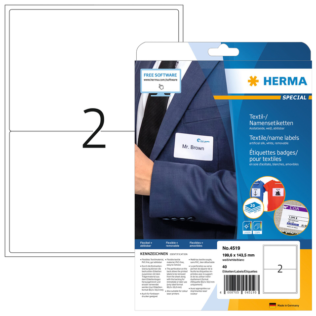 Etiquette badge HERMA 4519 199,6x143,5mm blanc 40 pièces