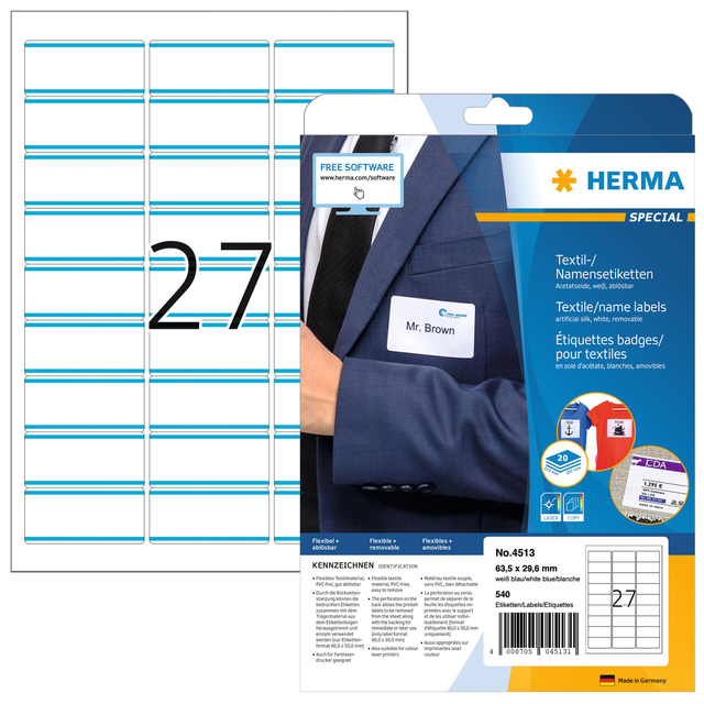 Etiquette badge HERMA 41513 63,5x29,6mm blanc/bleu 540 pièces