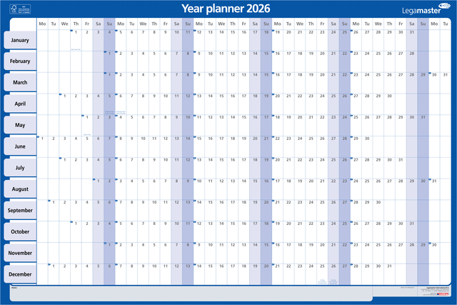 Planning annuel 2026 Legamaster 90x60cm horizontal laminé EN