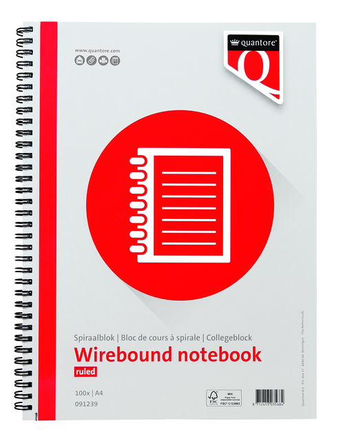 Bloc-notes Quantore A4 ligné spirale 100 feuilles 70g