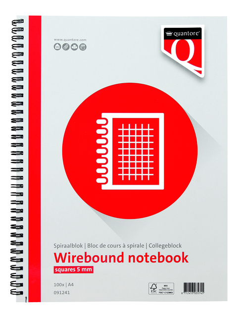 Bloc de cours Quantore A4 carreaux 5mm spirale 200 pages 70g