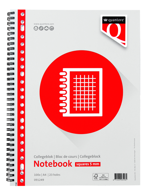 Collegeblok Quantore A4 ruit 5mm 23-gaats 200 pagina's 70gr