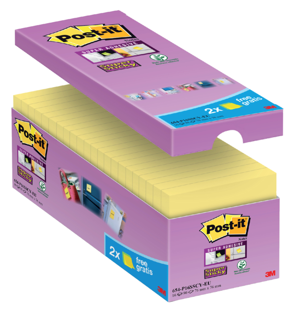 Memoblok Post-it 654 Super Sticky 76x76mm geel 14+2 gratis