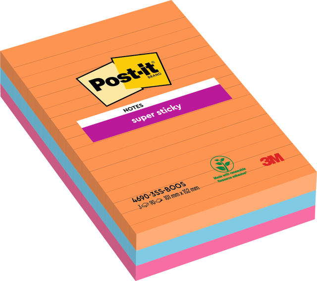 Bloc-mémos Post-it 4960 Super Sticky 101x152mm ligné Bangkok 3 pièces