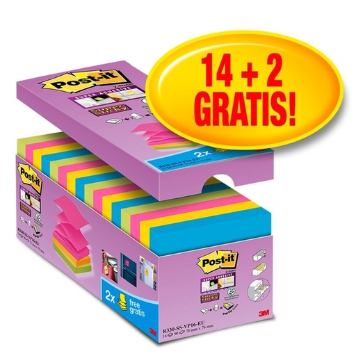 [392467] Bloc-mémos  Post-it Z-Note S330-16 Super Sticky 76x76mm 14+2 gratuits