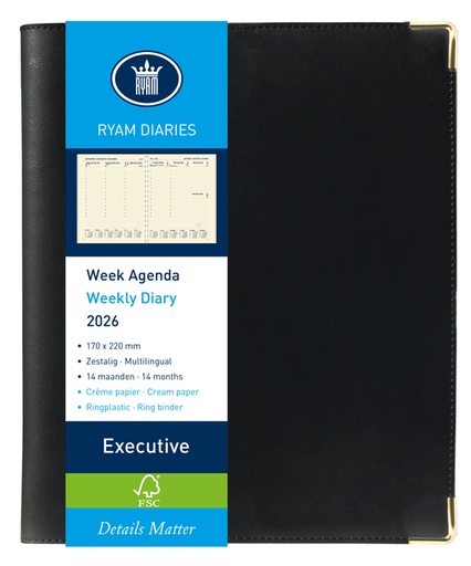 [900107] Agenda 2026 Ryam Executive Nappa 7dagen/2pagina's ringplastic zwart