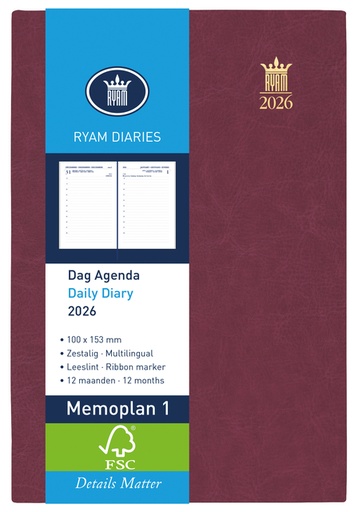 [900188] Agenda 2026 Ryam Memoplan 1 Mundior 1dag/1pagina bordeaux