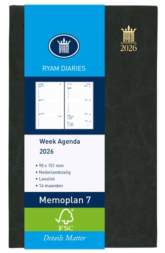 [900117] Agenda 2026 Ryam Memoplan 7 Mundior 7 jours/2 pages noir