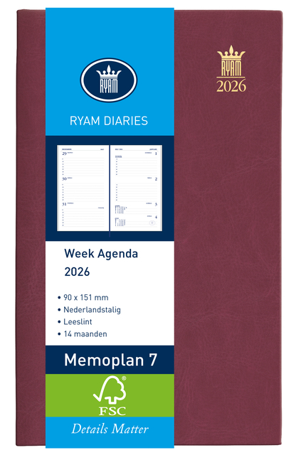Agenda 2026 Ryam Memoplan 7 Mundior 7 jours/ 2 pages bordeaux
