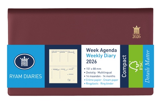 [900192] Agenda 2026 Ryam Compact Suprema 7dagen/2pagina's ringplastic bordeaux