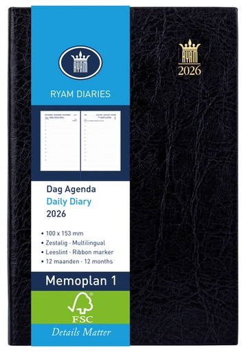 [900073] Agenda 2026 Ryam Memoplan 7 Suprema ringplastic 7dagen/2pagina's zwart
