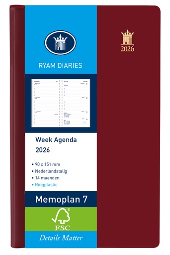 [900186] Agenda 2026 Ryam Memoplan 7 Suprema ringplasic 7dagen/2pagina's bordeaux