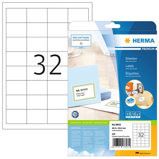 [810975] Etiket HERMA 8643 48.3x33.8mm premium wit 320stuks