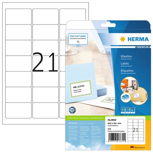 [816670] Etiquette HERMA Premium 8632 63,5x38,1mm blanc 210 pièces