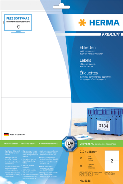 Etiquette HERMA Premium 8636 210x148mm A4 blanc 20 pièces