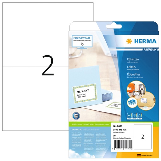 [810930] Etiket HERMA 8636 210x148mm A4 premium wit 20stuks