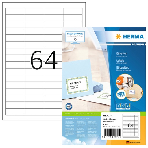 [817492] Etiket HERMA 4271 48.3x16.9mm premium wit 6400stuks