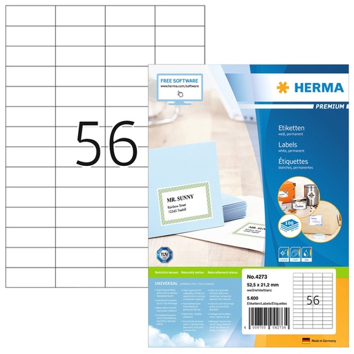 [817493] Etiket HERMA 4273 52.5x21.2mm premium wit 5600 stuks