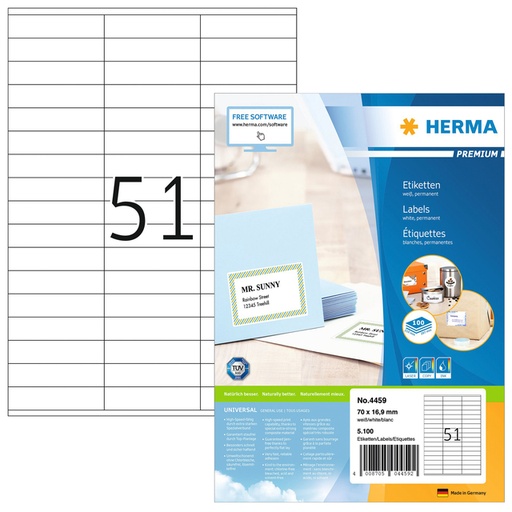 [817469] Etiket HERMA 4459 70x16.9mm premium wit 5100stuks