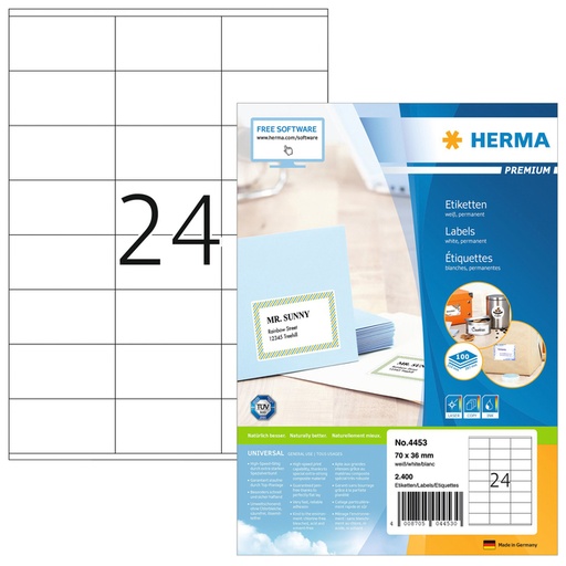 [817156] Etiket HERMA 4453 70x36mm premium wit 2400stuks