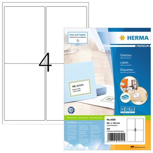 [817549] Etiket HERMA 4250 99.1x139mm premium wit 400stuks