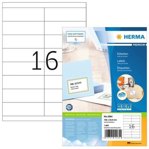 [817490] Etiket HERMA 4264 105x33.8mm premium wit 1600stuks