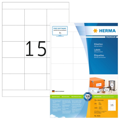 [817554] Etiket HERMA 4618 70x50,8mm premium wit 3000stuks