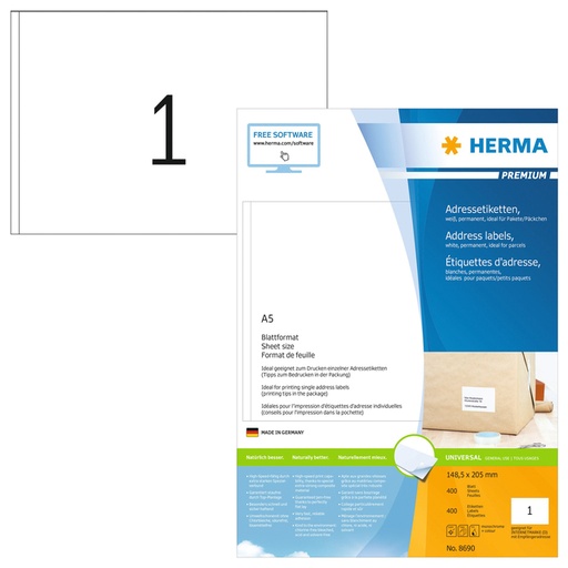 [816821] Etiquette HERMA Premium 8690 148,5x205mm blanc 400 pièces