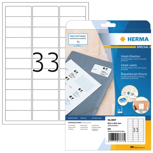[817088] Etiket HERMA 8837 63.5x25.4mm mat wit 825 stuks