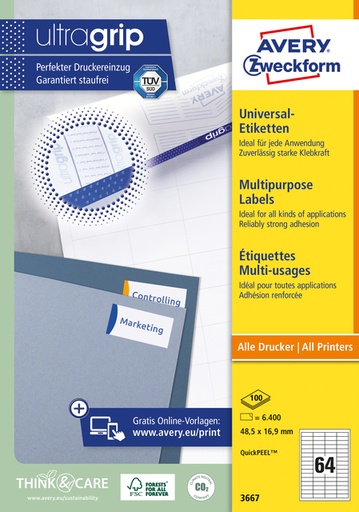 [817002] Etiket Avery Zweckform 3667 48.5x16.9mm wit 6400stuks