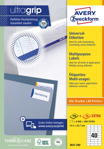 [817774] Etiket Avery Zweckform 3651-200 52.5x29.7mm wit 8000stuks
