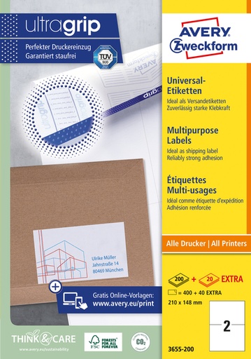[817761] Etiket Avery Zweckform 3655-200 210x148mm A5 wit 400stuks