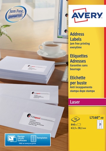 [817250] Etiquette Avery L7160-40 63,5x38,1mm blanc 840 pièces